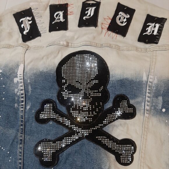 Smoke Rise DNM Co Men’s Denim Jacket XL Stone Wash Distressed Patches Slim Fit - Picture 10 of 11